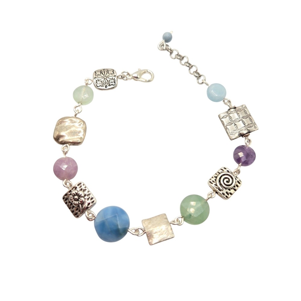 Boho Colorful Artisan Multi Gemstone Silver Link‎ Bracelet Blue Purple Green Mix